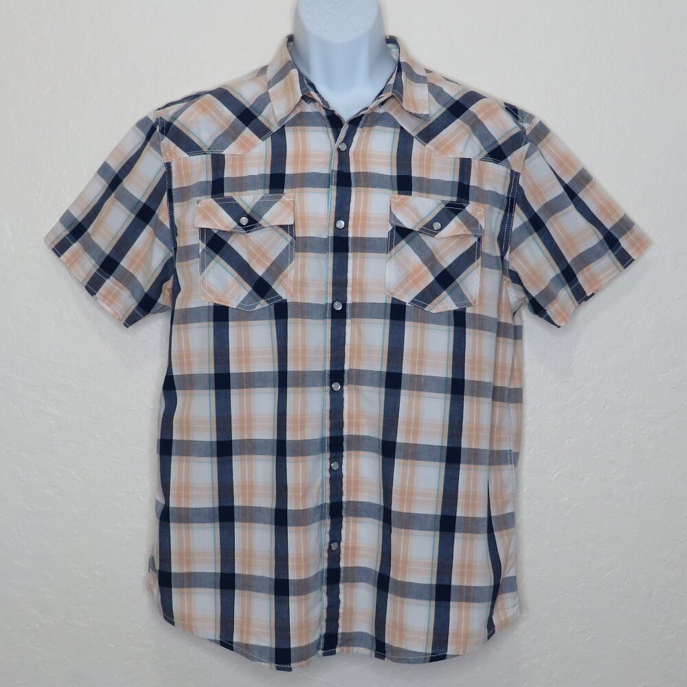 Urban Pipeline* Men's Short Sleeve Snap Down Curved Hem Pocket Plaid Shirt~Large